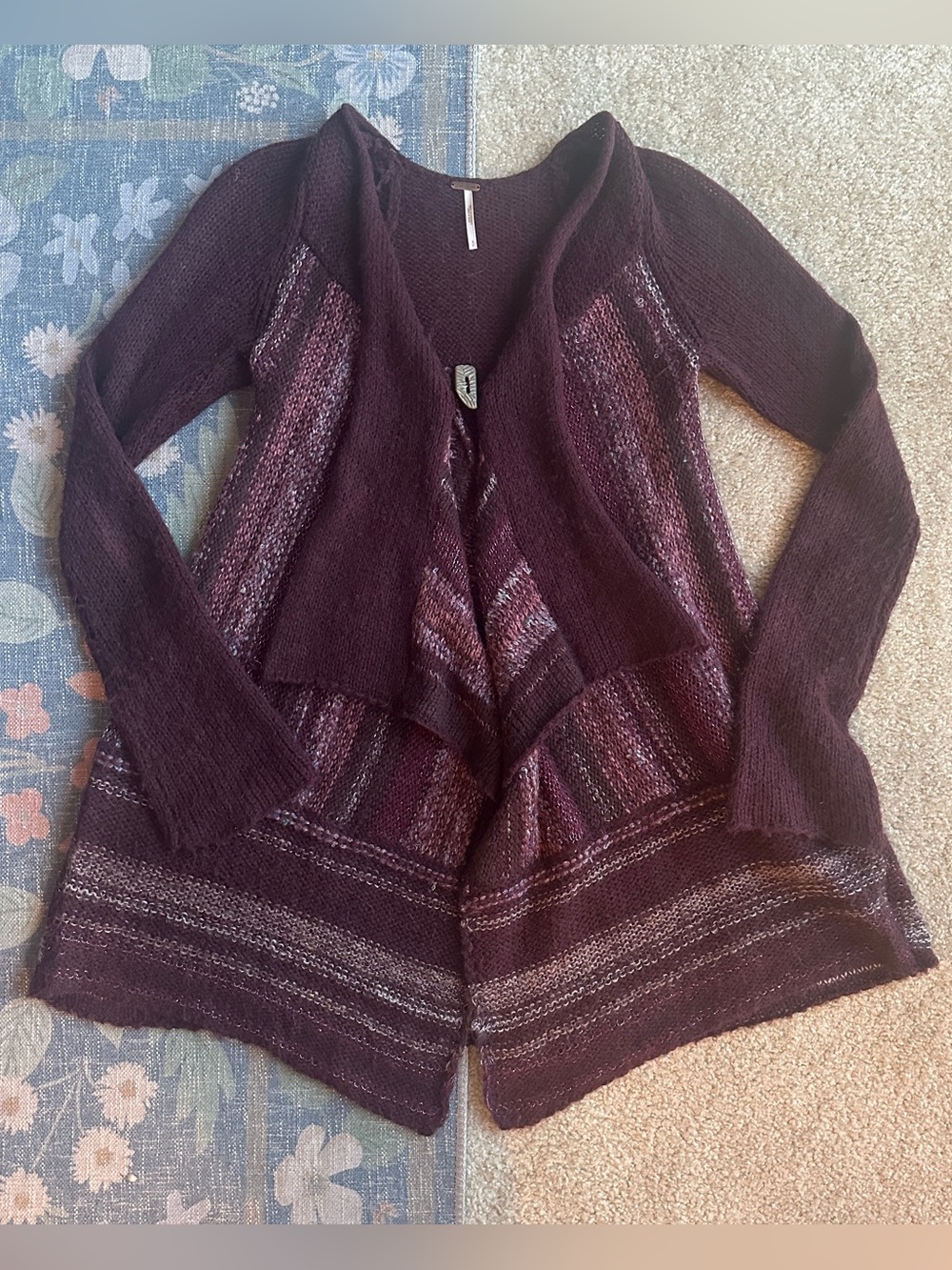 Free People Burgundy Striped Open-Front Knit Cardigan